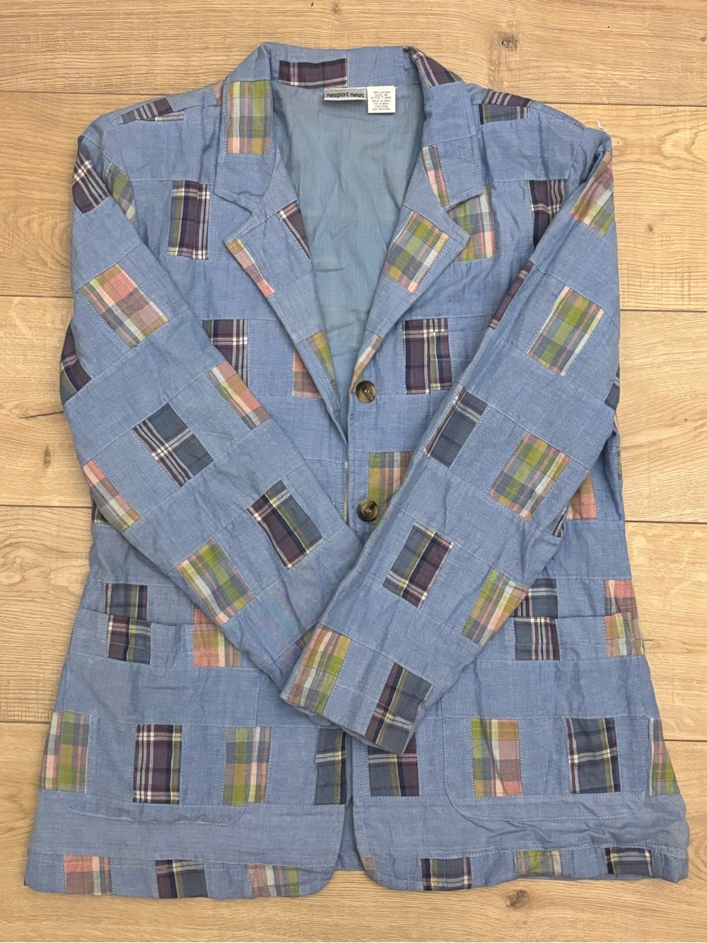 Vintage Cotton Denim Patchwork Plaid Blazer Newport News Light Blue Blazer